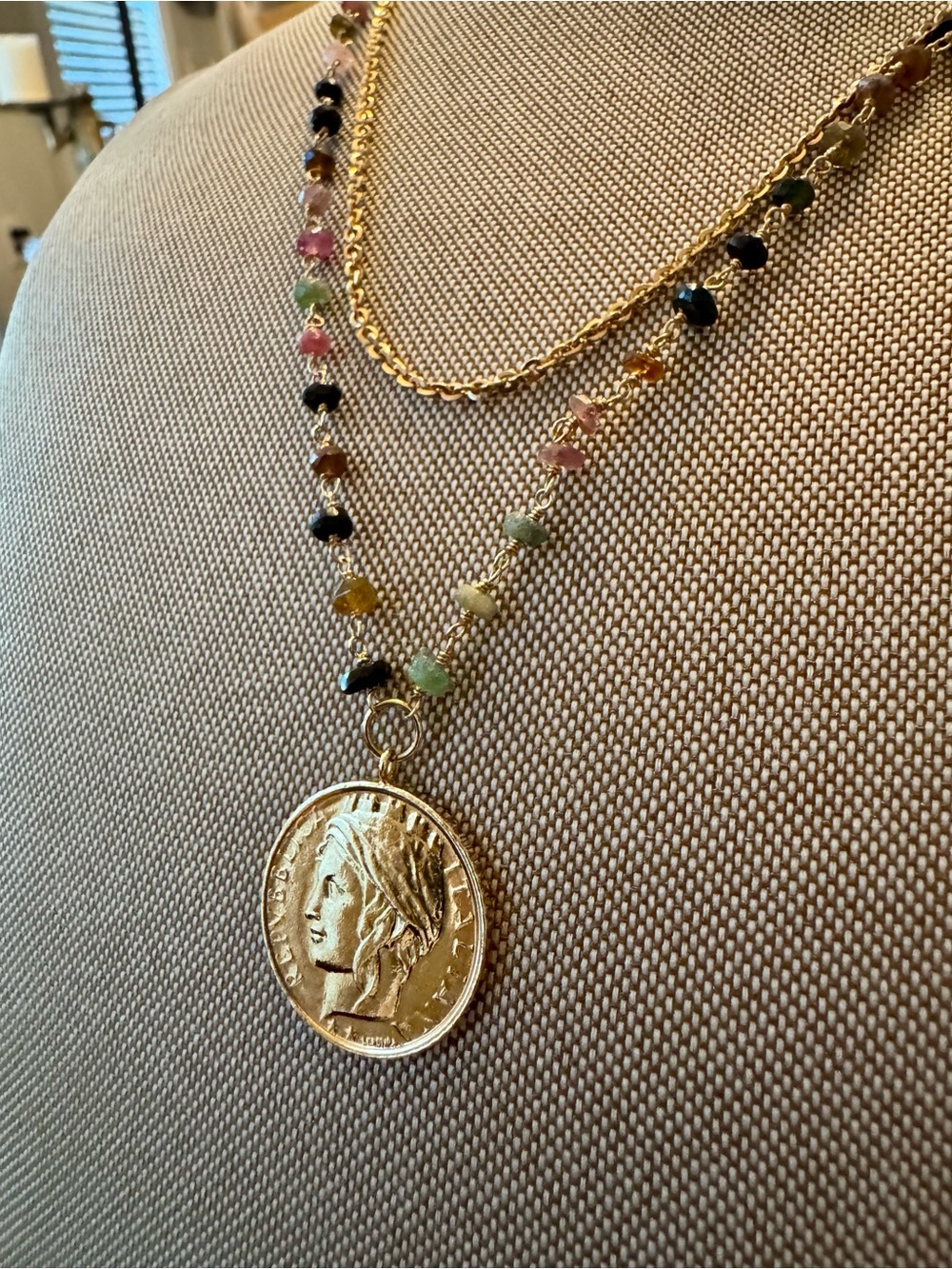 Elegant Italian 14k Over 100 Lire Coin With MulticolorTourmaline Beaded Necklace